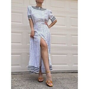 VTG Plaza South Button Dress Sz 8 White Blue Floral Dot Prairie Cottagecore